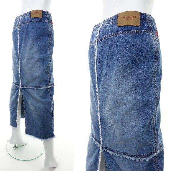 Vintage Ralph Lauren Jeans Patchwork Denim Maxi Skirt Raw Hem 1990s Y2K Size 6 - Picture 2 of 10